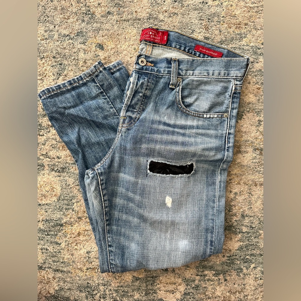 Lucky Brand Handmade Reworked Lace Patch Dylan Boyfriend Jeans Sz 6/28 Womens